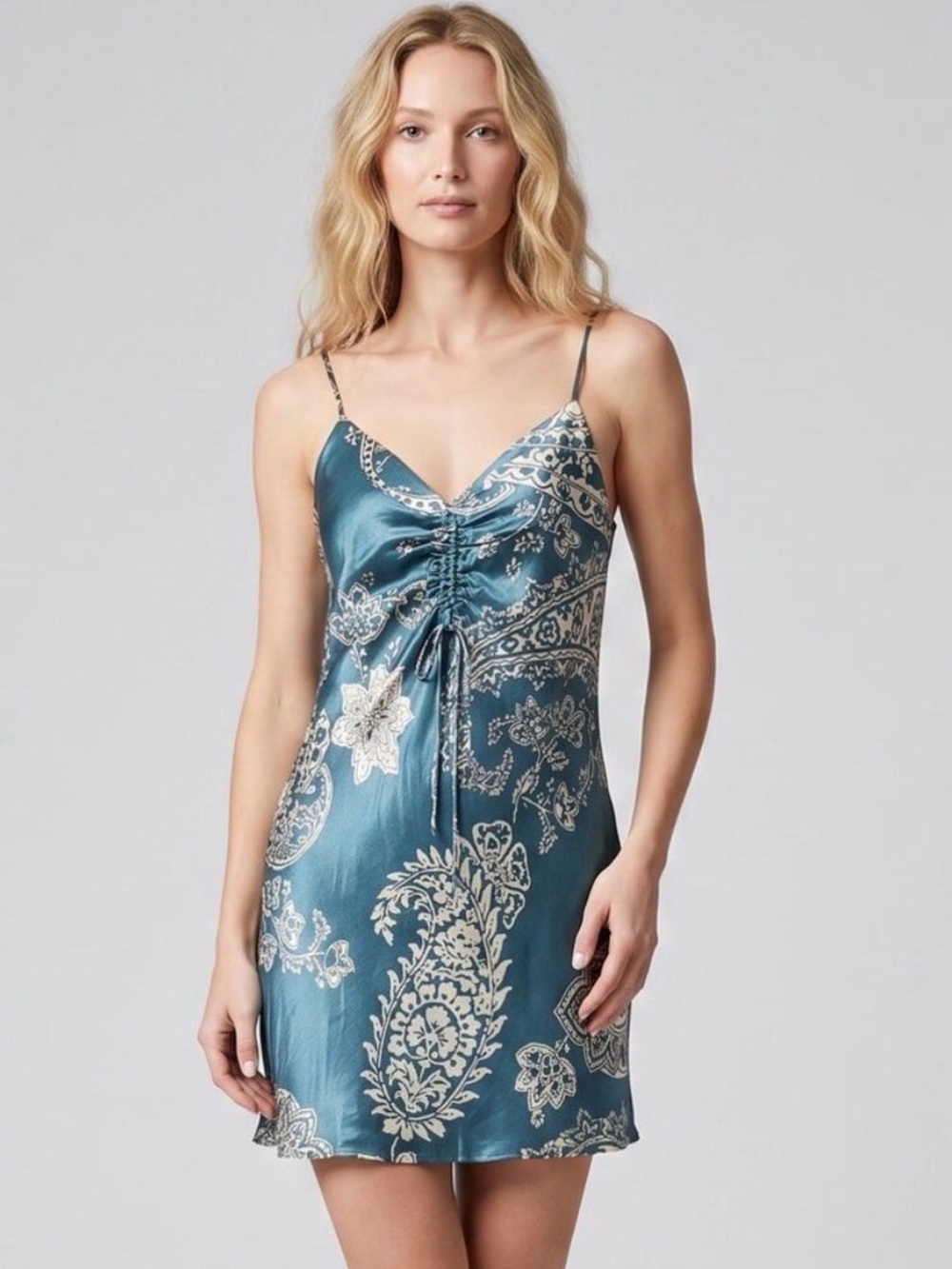 Zara Blue Paisley Satin Tie-Front Mini Dress M